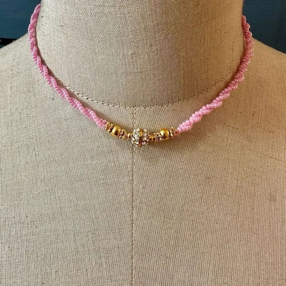 Pink beaded gold tone rhinestone necklace
